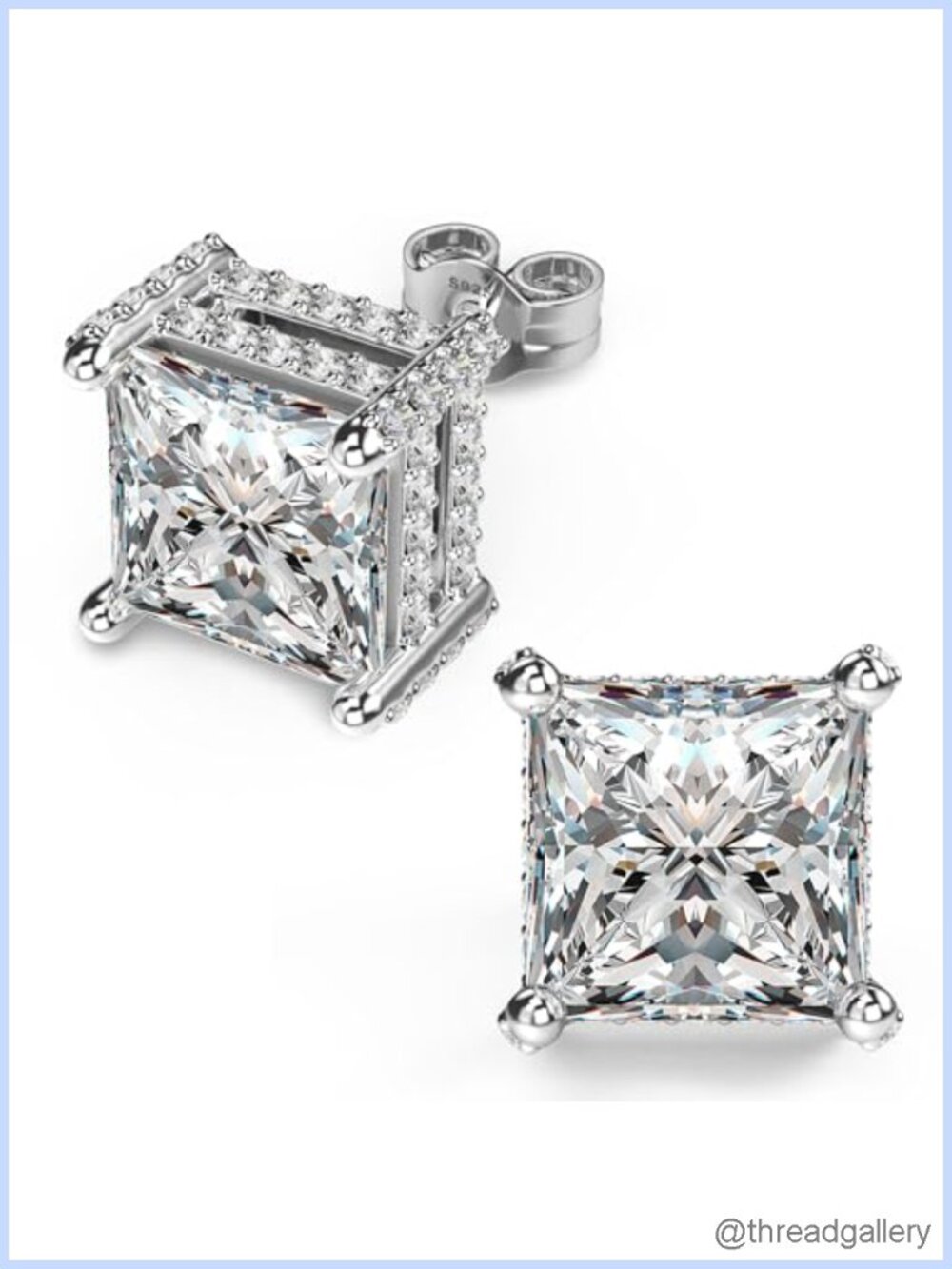 18K White Gold Plated Sterling Silver Princess Cut CZ Stud Earrings